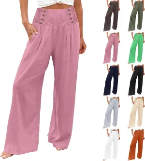 Linen Pants Women Summer Smocked High Waisted Wide Leg Trousers Flowy Beach Boho Palazzo Pants with Pockets