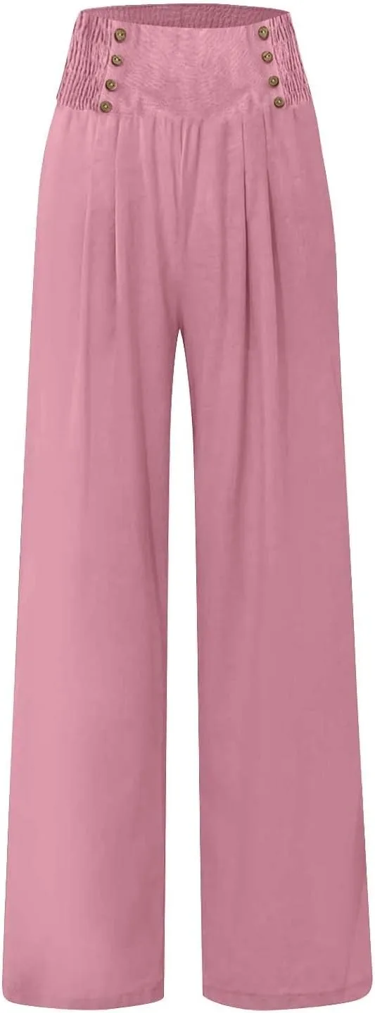 Linen Pants Women Summer Smocked High Waisted Wide Leg Trousers Flowy Beach Boho Palazzo Pants with Pockets