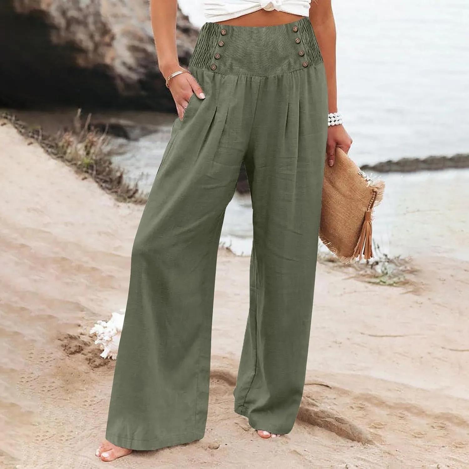Linen Pants Women Summer Smocked High Waisted Wide Leg Trousers Flowy Beach Boho Palazzo Pants with Pockets