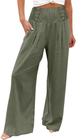 Linen Pants Women Summer Smocked High Waisted Wide Leg Trousers Flowy Beach Boho Palazzo Pants with Pockets