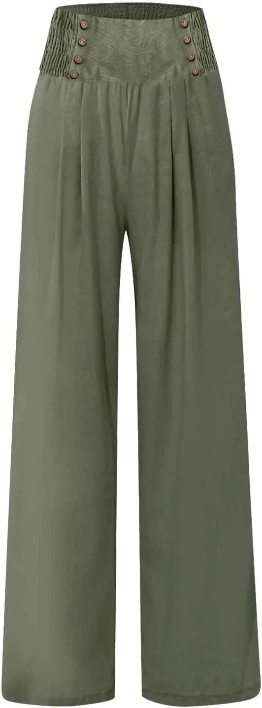 Linen Pants Women Summer Smocked High Waisted Wide Leg Trousers Flowy Beach Boho Palazzo Pants with Pockets