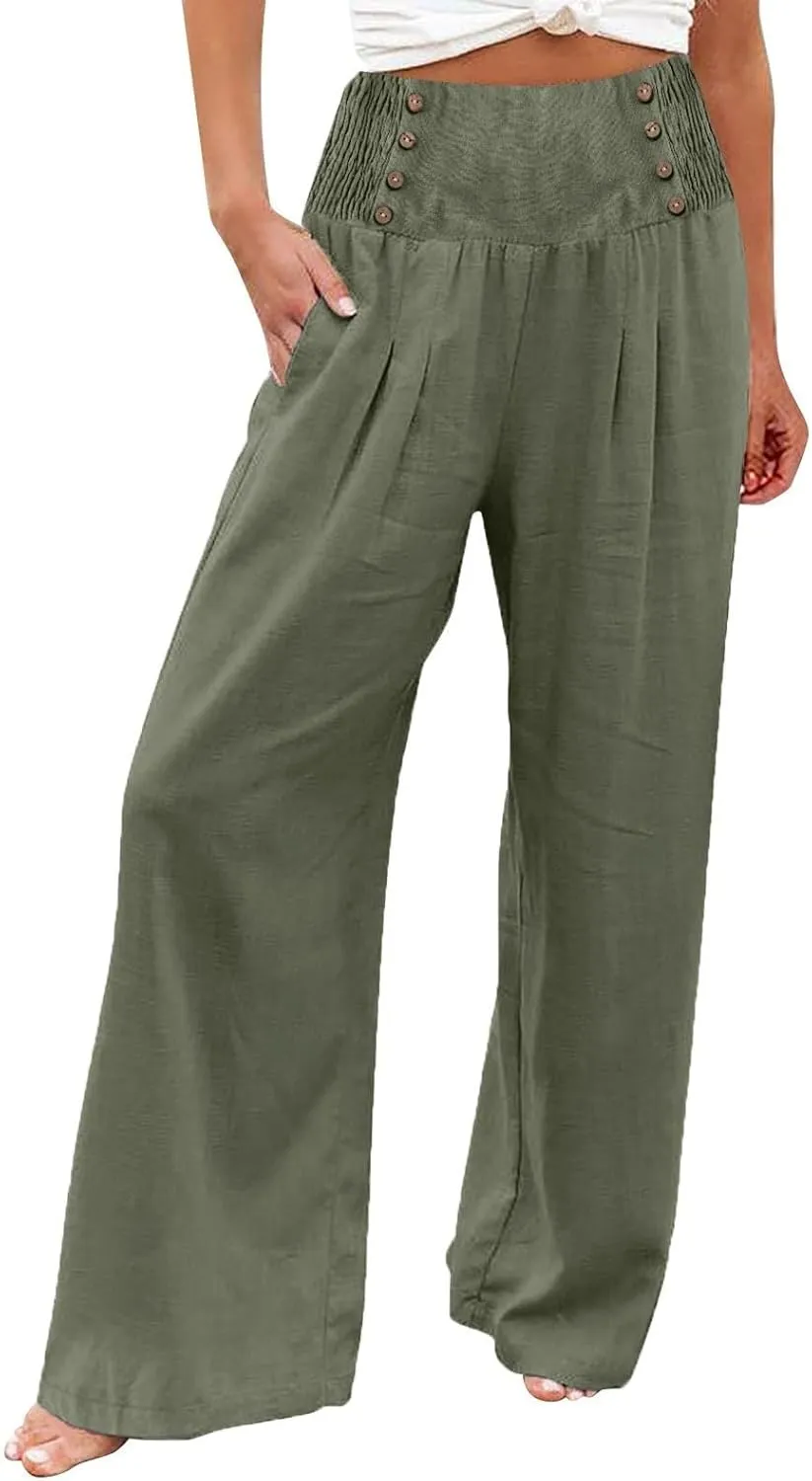 Linen Pants Women Summer Smocked High Waisted Wide Leg Trousers Flowy Beach Boho Palazzo Pants with Pockets