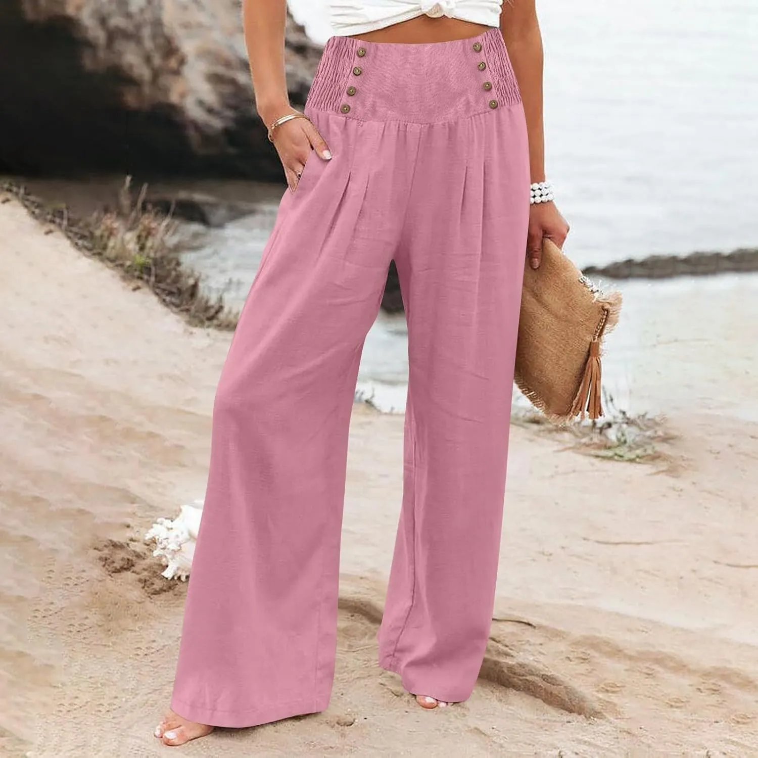 Linen Pants Women Summer Smocked High Waisted Wide Leg Trousers Flowy Beach Boho Palazzo Pants with Pockets