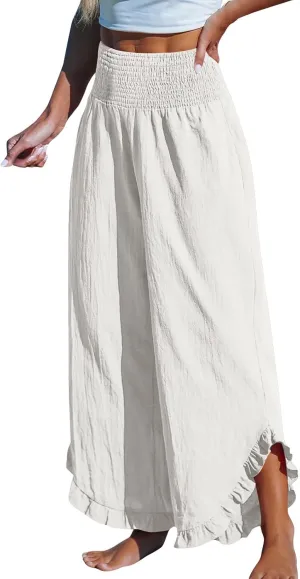 Linen Pants Women Wide Leg Palazzo Pants Elastic High Waisted Trousers Summer Beach Bottoms Loose Fit Casual Pant