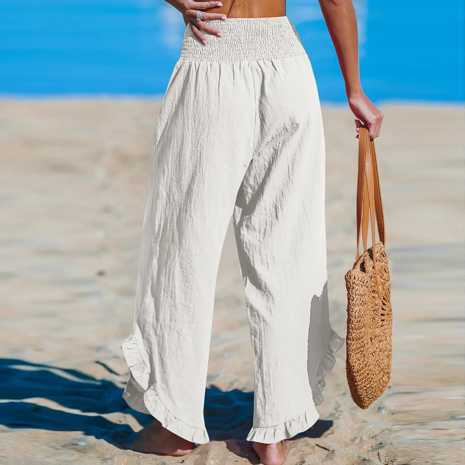 Linen Pants Women Wide Leg Palazzo Pants Elastic High Waisted Trousers Summer Beach Bottoms Loose Fit Casual Pant