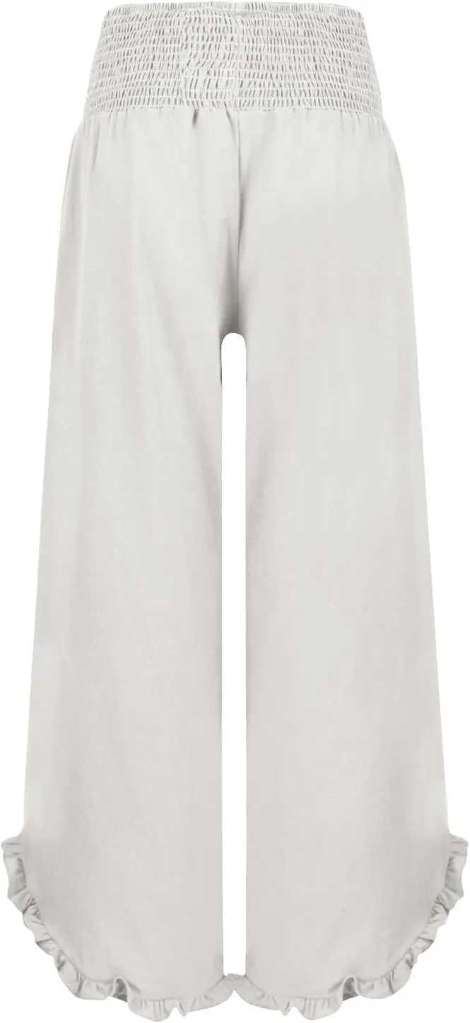 Linen Pants Women Wide Leg Palazzo Pants Elastic High Waisted Trousers Summer Beach Bottoms Loose Fit Casual Pant