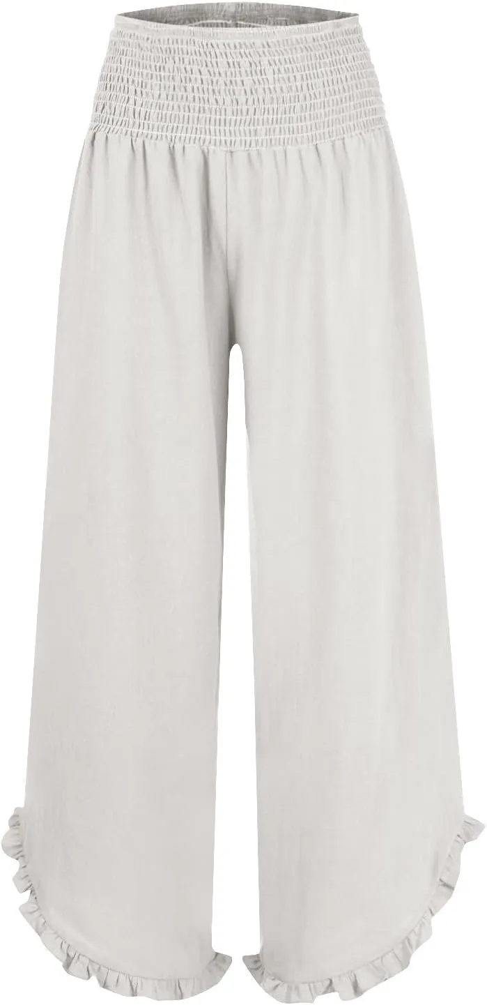 Linen Pants Women Wide Leg Palazzo Pants Elastic High Waisted Trousers Summer Beach Bottoms Loose Fit Casual Pant