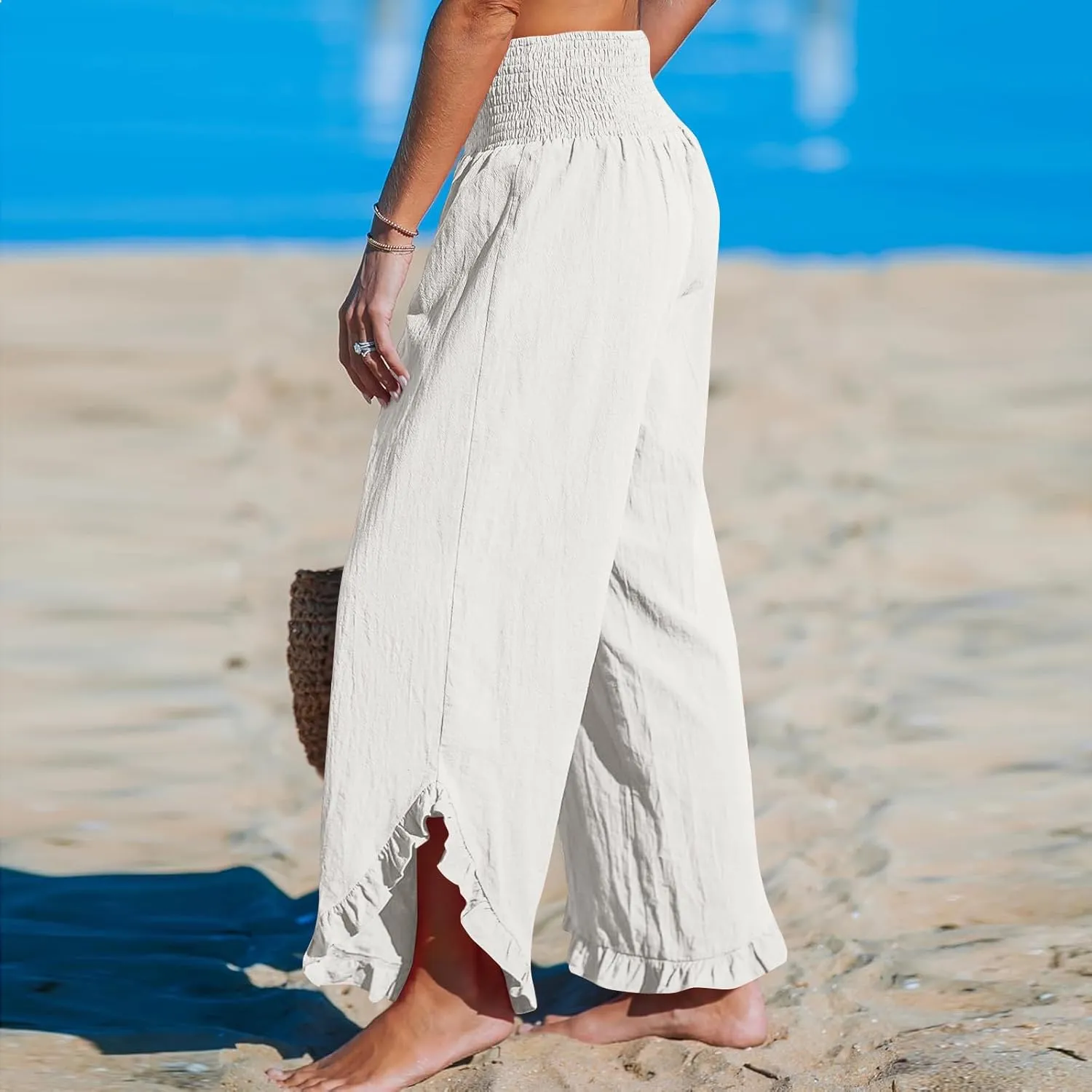 Linen Pants Women Wide Leg Palazzo Pants Elastic High Waisted Trousers Summer Beach Bottoms Loose Fit Casual Pant