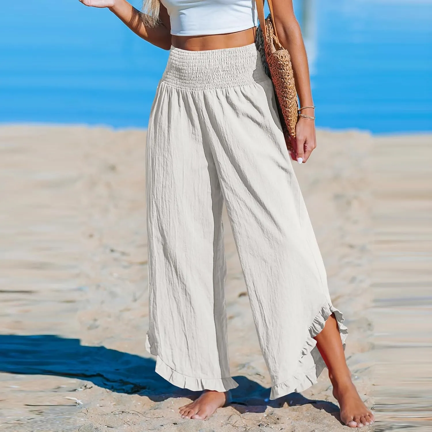 Linen Pants Women Wide Leg Palazzo Pants Elastic High Waisted Trousers Summer Beach Bottoms Loose Fit Casual Pant