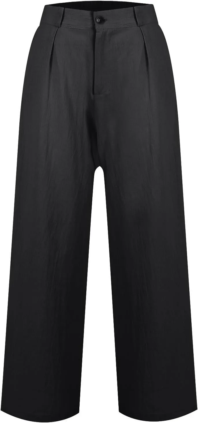 Linen Wide Leg Pants for Women Business Casual High Waisted Dress Pants Button Down Slacks Casual Summer Work Trousers