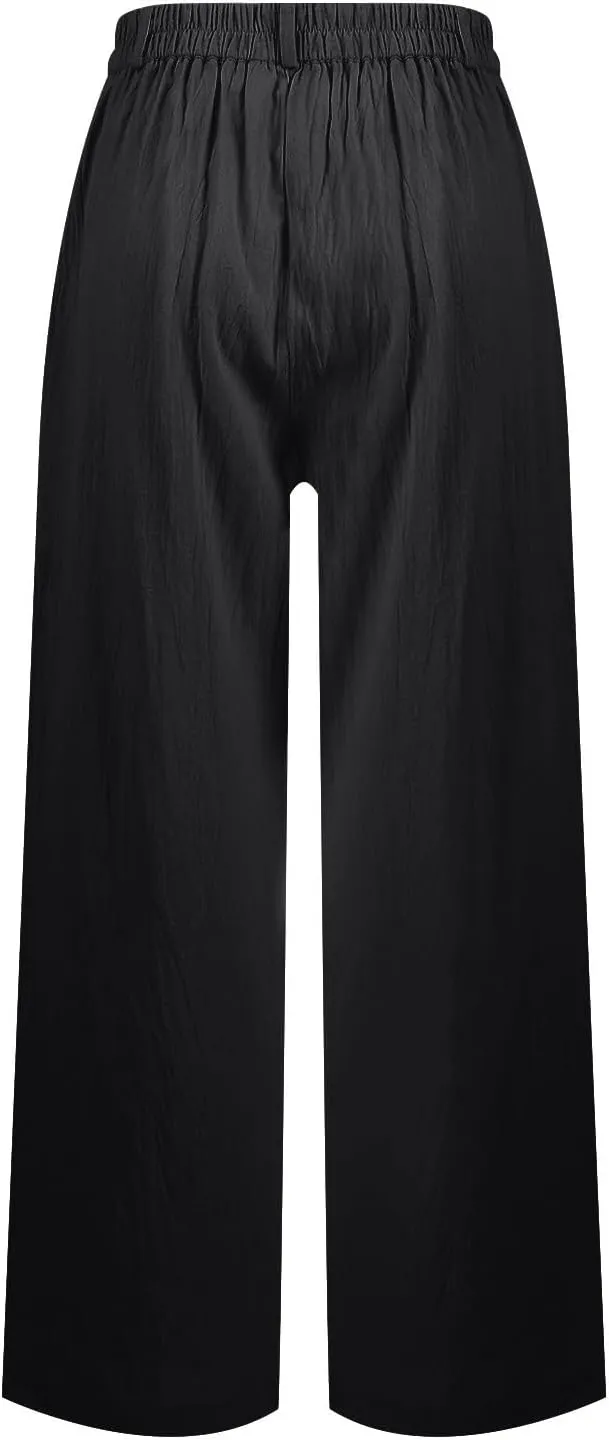 Linen Wide Leg Pants for Women Business Casual High Waisted Dress Pants Button Down Slacks Casual Summer Work Trousers