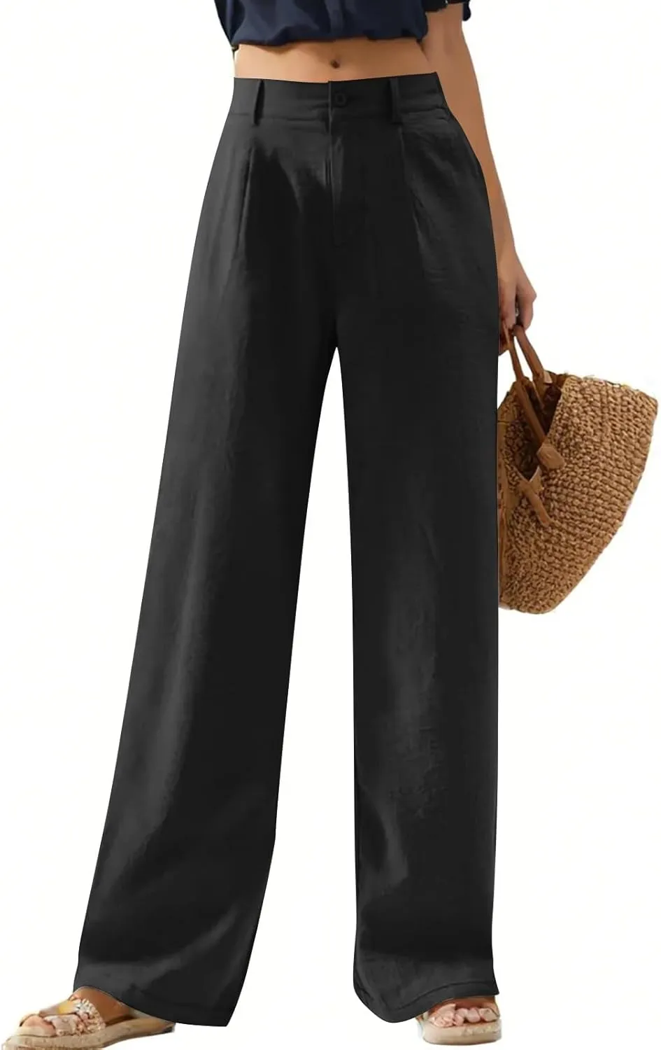 Linen Wide Leg Pants for Women Business Casual High Waisted Dress Pants Button Down Slacks Casual Summer Work Trousers