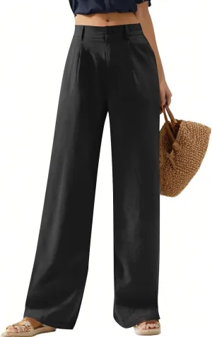 Linen Wide Leg Pants for Women Business Casual High Waisted Dress Pants Button Down Slacks Casual Summer Work Trousers