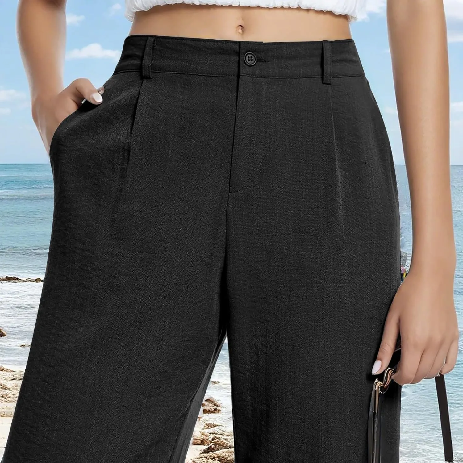 Linen Wide Leg Pants for Women Business Casual High Waisted Dress Pants Button Down Slacks Casual Summer Work Trousers