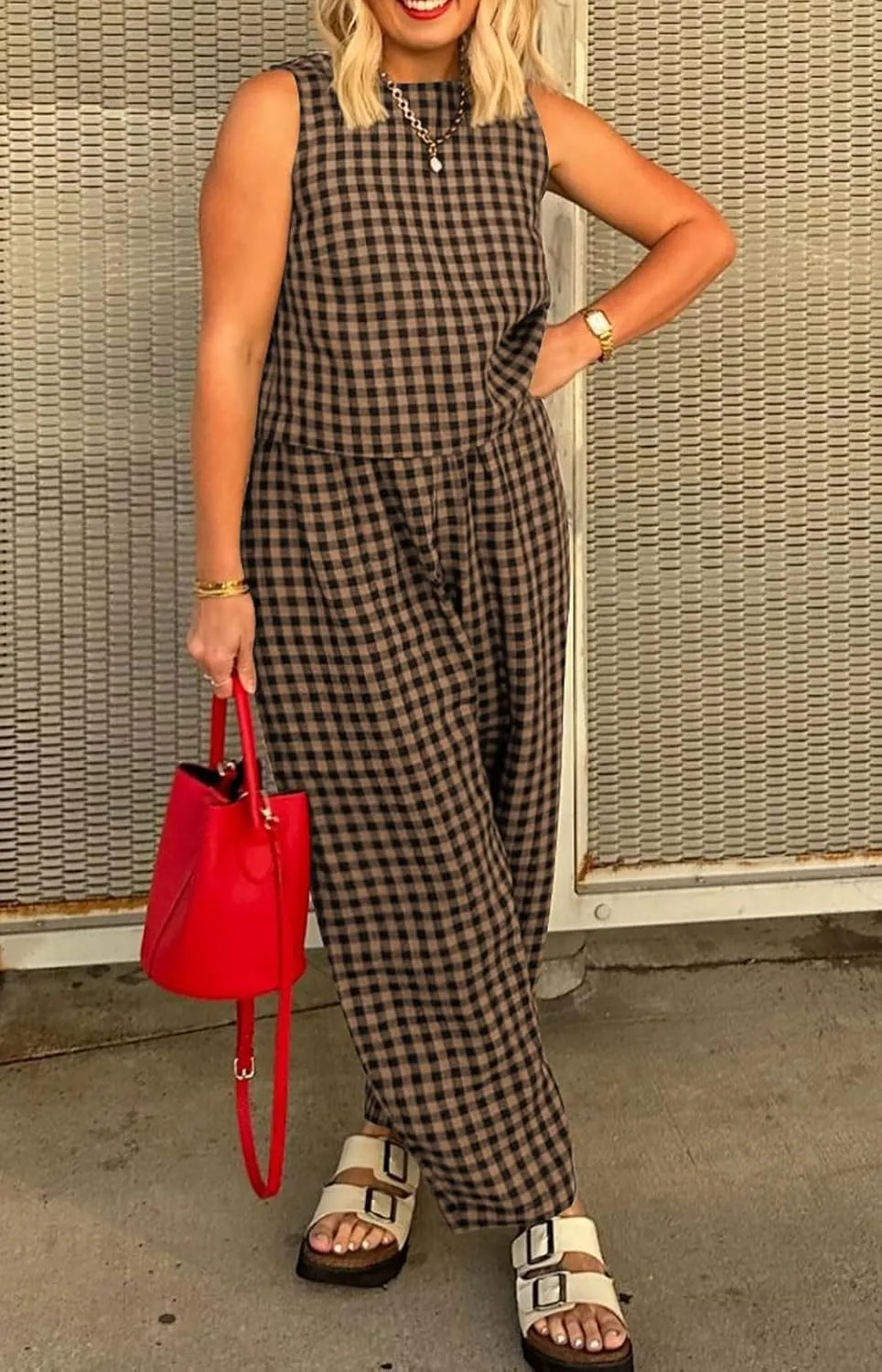 loveimgs Women 2 Piece Pants Set Lounge Summer Outfit Sleeveless Plaid Vest Tank Top Tracksuit Lightweight Pants Set