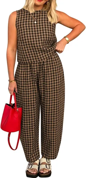 loveimgs Women 2 Piece Pants Set Lounge Summer Outfit Sleeveless Plaid Vest Tank Top Tracksuit Lightweight Pants Set