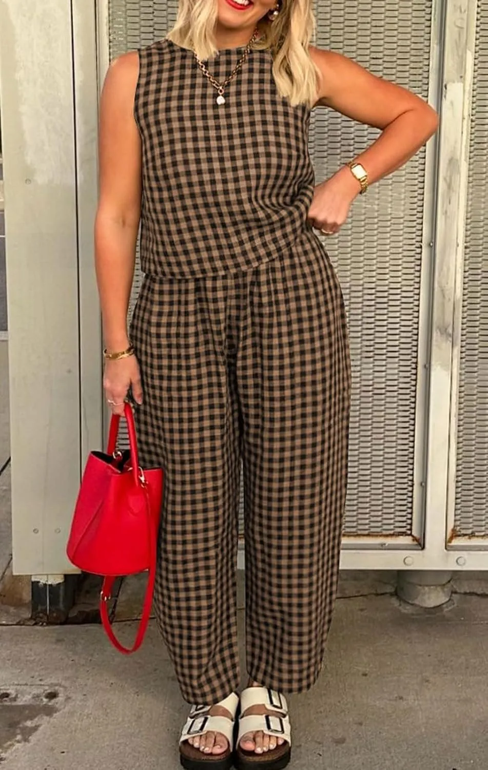 loveimgs Women 2 Piece Pants Set Lounge Summer Outfit Sleeveless Plaid Vest Tank Top Tracksuit Lightweight Pants Set