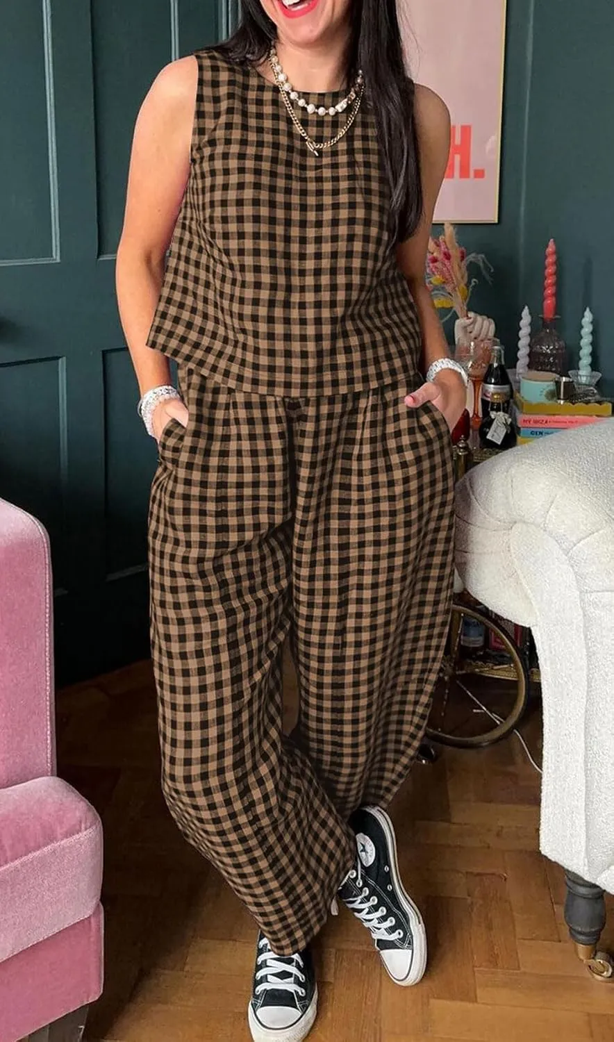 loveimgs Women 2 Piece Pants Set Lounge Summer Outfit Sleeveless Plaid Vest Tank Top Tracksuit Lightweight Pants Set