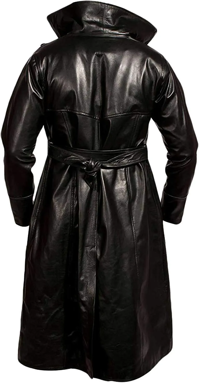 LP-FACON Mens The Costume Black Leather Trench Coat