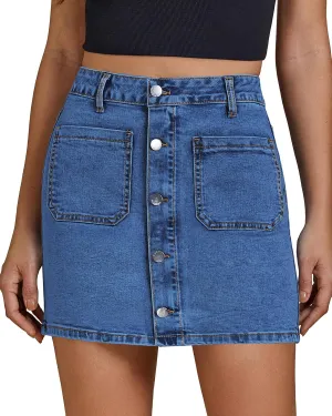 luvamia Jean Skirts for Women Denim High Waisted Trendy Stretchy Mini Button Front Short Pencil Skirt with Patch Pockets