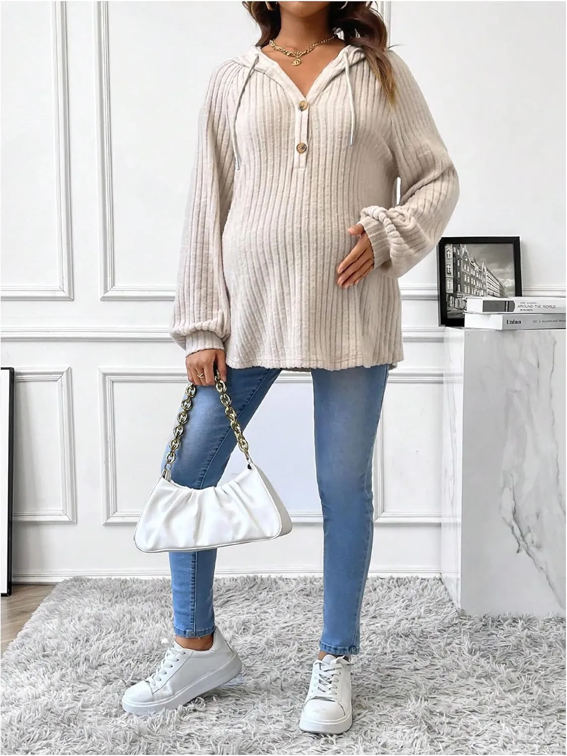 MakeMeChic Women's Maternity Sweatshirt Drawstring Button Long Sleeve Knitted Hoodie Pullover Sweater Pregnancy Tops
