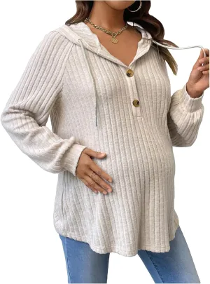 MakeMeChic Women's Maternity Sweatshirt Drawstring Button Long Sleeve Knitted Hoodie Pullover Sweater Pregnancy Tops