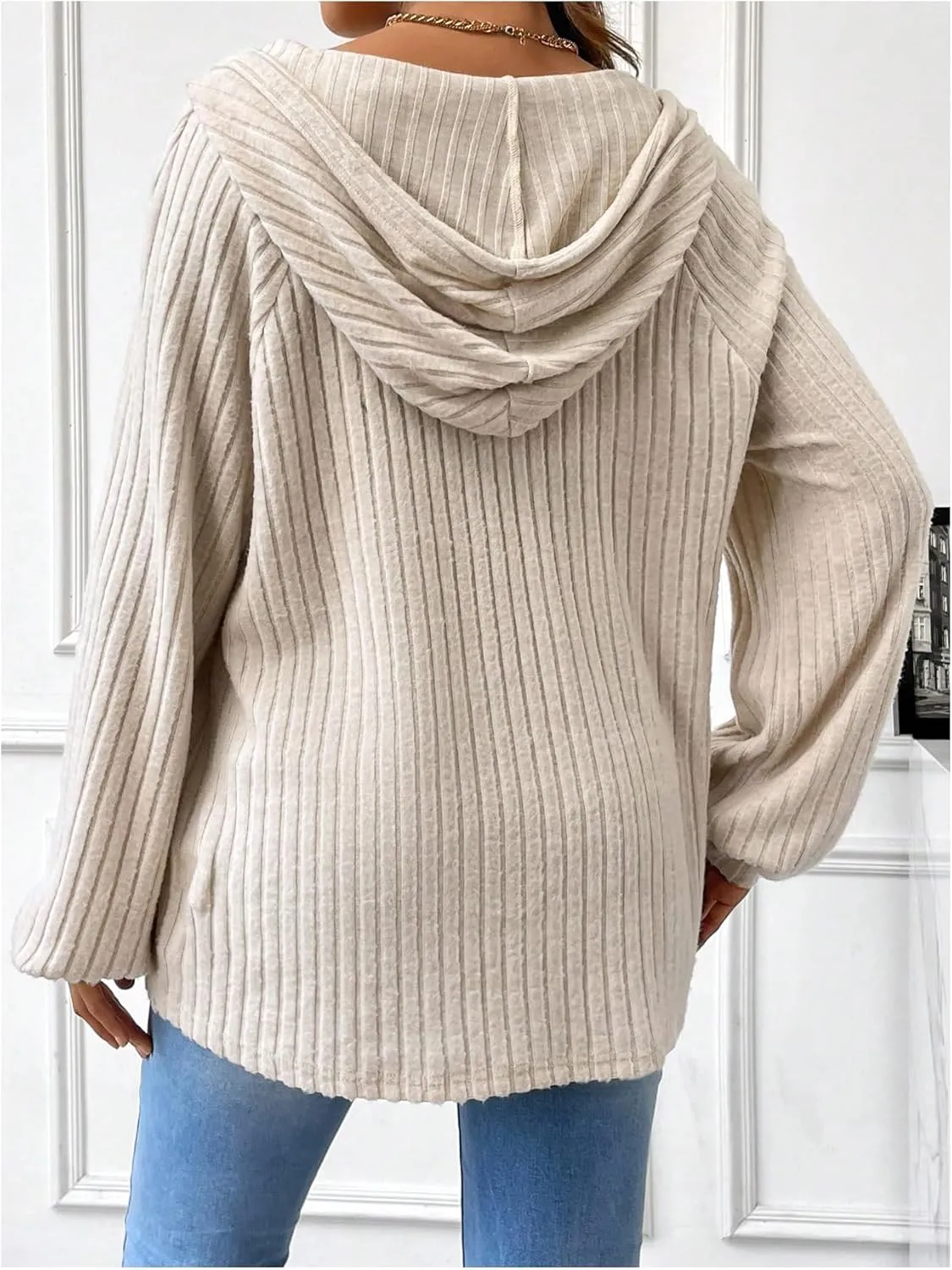 MakeMeChic Women's Maternity Sweatshirt Drawstring Button Long Sleeve Knitted Hoodie Pullover Sweater Pregnancy Tops