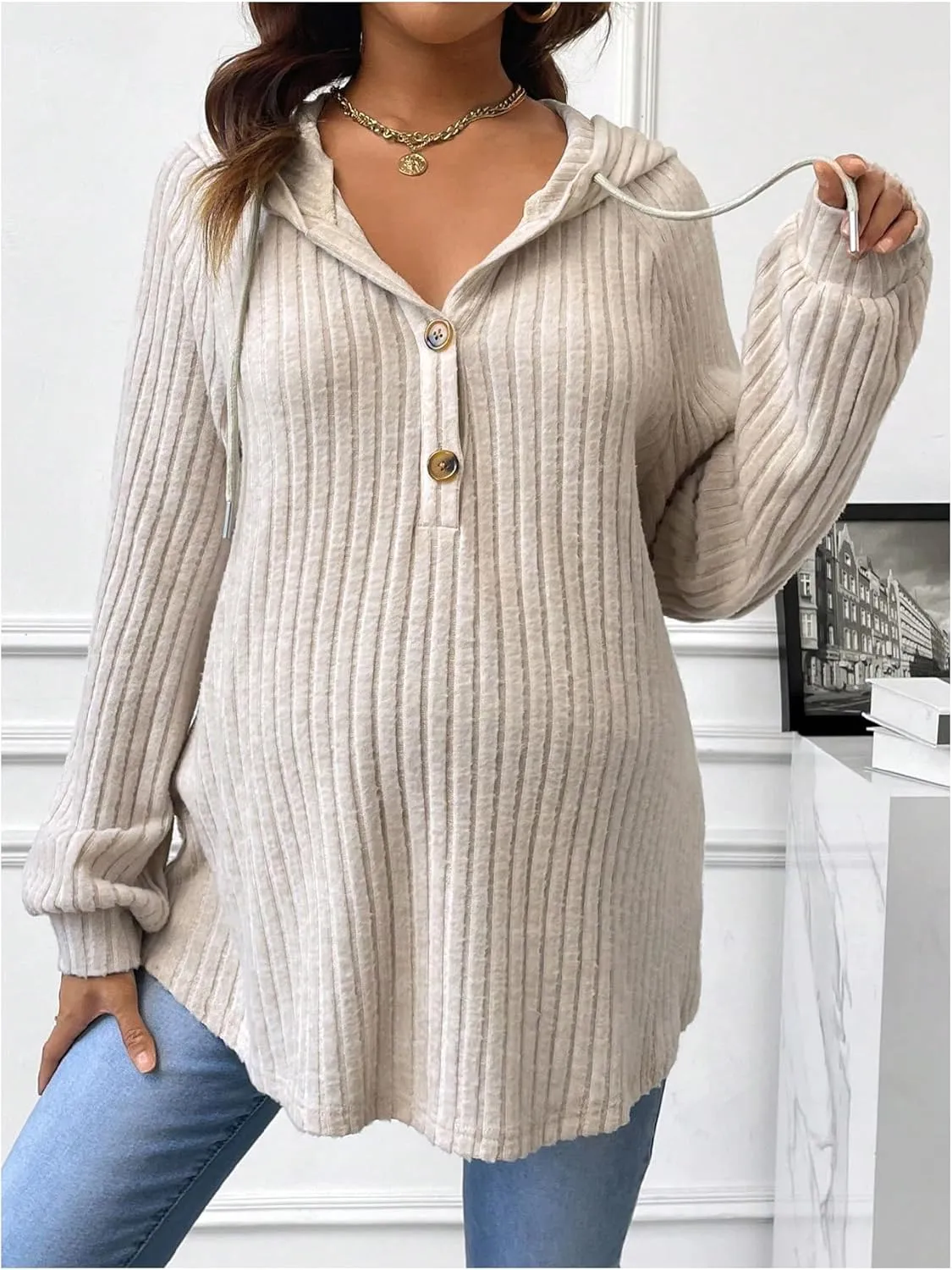 MakeMeChic Women's Maternity Sweatshirt Drawstring Button Long Sleeve Knitted Hoodie Pullover Sweater Pregnancy Tops