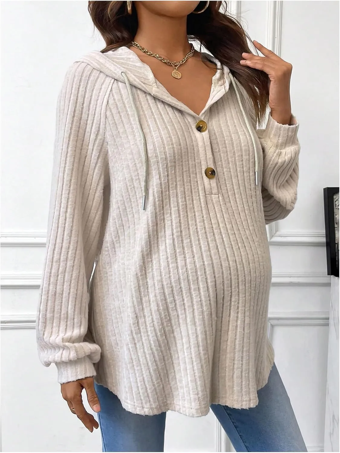 MakeMeChic Women's Maternity Sweatshirt Drawstring Button Long Sleeve Knitted Hoodie Pullover Sweater Pregnancy Tops