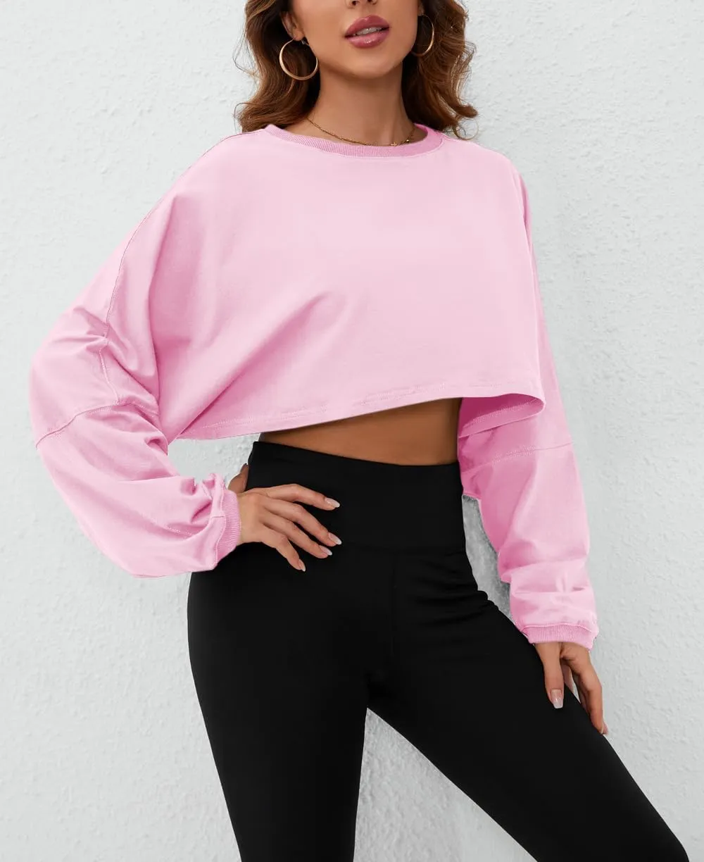 Meladyan Women Long Sleeve Crewneck Crop Top Tee Shirt Sweatshirt Casual Solid Loose Fit Workout Cropped Pullover Tshirt