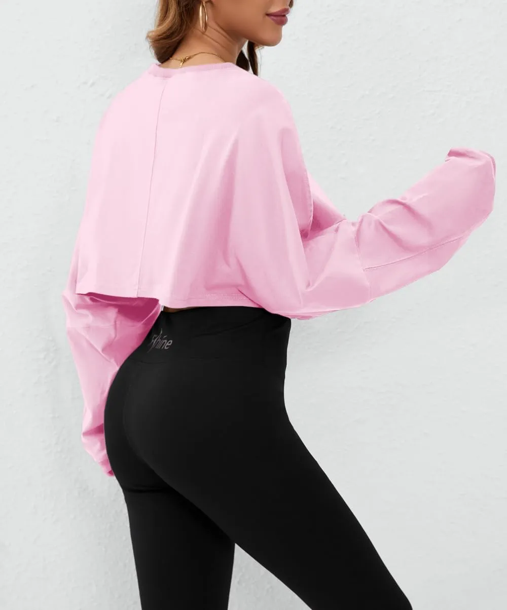 Meladyan Women Long Sleeve Crewneck Crop Top Tee Shirt Sweatshirt Casual Solid Loose Fit Workout Cropped Pullover Tshirt