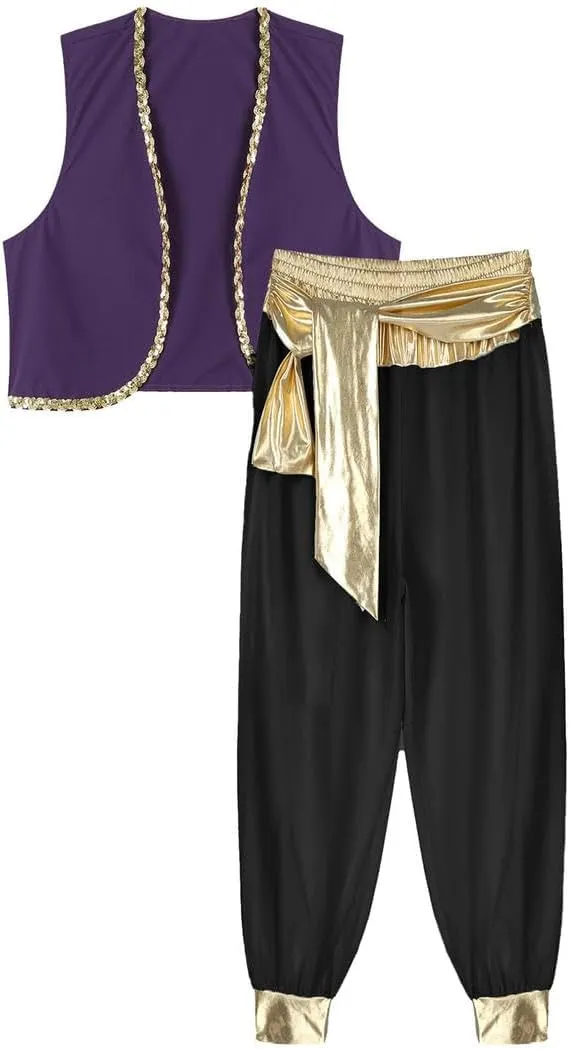 Men Arabian Cosplay Dress Up Waistcoat Top Harem Pants Suit Halloween Theme Party Carnival Dancewear