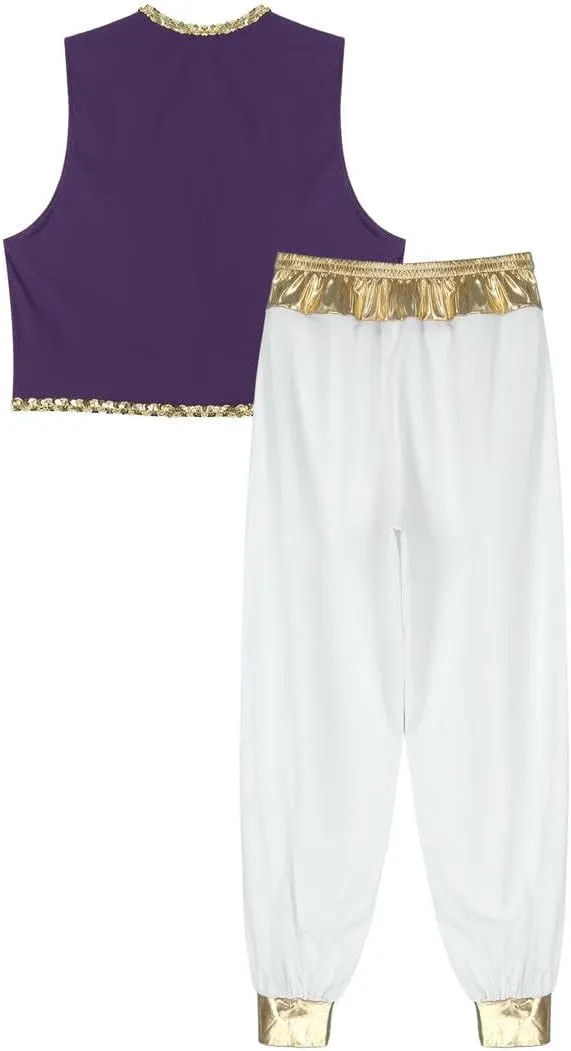 Men Arabian Cosplay Dress Up Waistcoat Top Harem Pants Suit Halloween Theme Party Carnival Dancewear