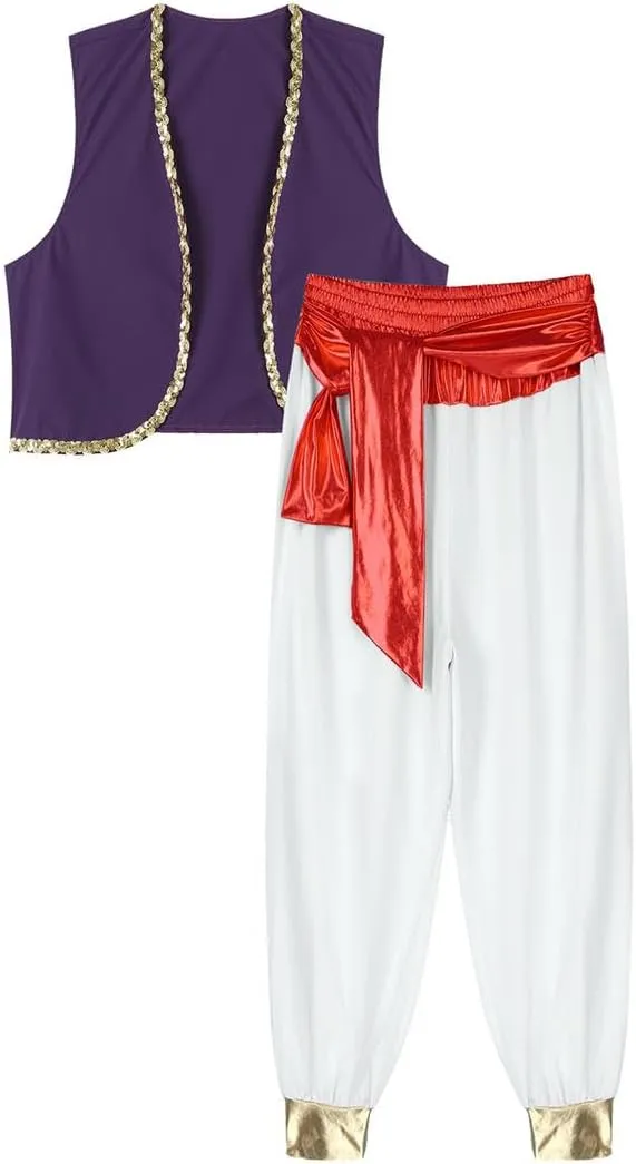 Men Arabian Cosplay Dress Up Waistcoat Top Harem Pants Suit Halloween Theme Party Carnival Dancewear