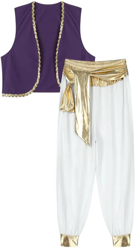 Men Arabian Cosplay Dress Up Waistcoat Top Harem Pants Suit Halloween Theme Party Carnival Dancewear