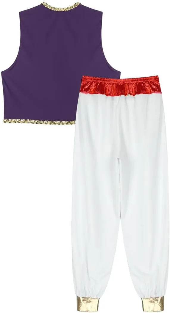 Men Arabian Cosplay Dress Up Waistcoat Top Harem Pants Suit Halloween Theme Party Carnival Dancewear