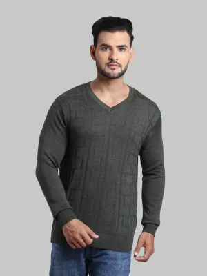 Men Green Tailored Fit Jacquard Acrylic Wool Blend Full Sleeve V Neck Collar Sweaters
