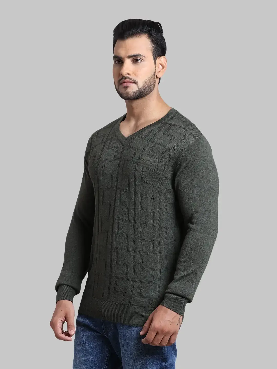 Men Green Tailored Fit Jacquard Acrylic Wool Blend Full Sleeve V Neck Collar Sweaters