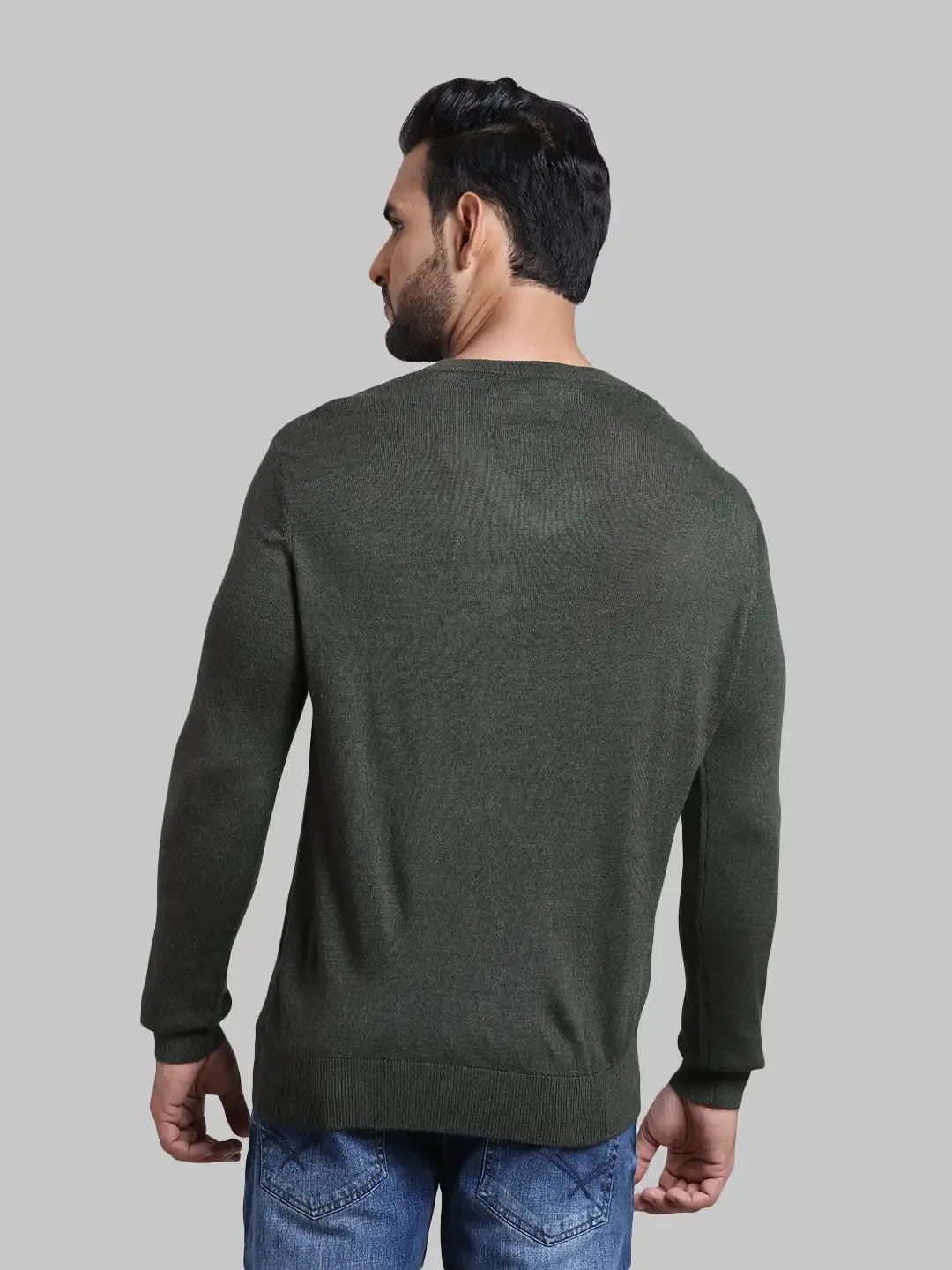 Men Green Tailored Fit Jacquard Acrylic Wool Blend Full Sleeve V Neck Collar Sweaters