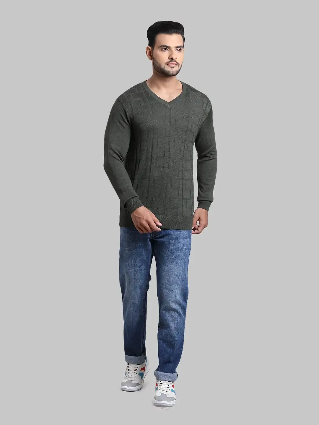 Men Green Tailored Fit Jacquard Acrylic Wool Blend Full Sleeve V Neck Collar Sweaters
