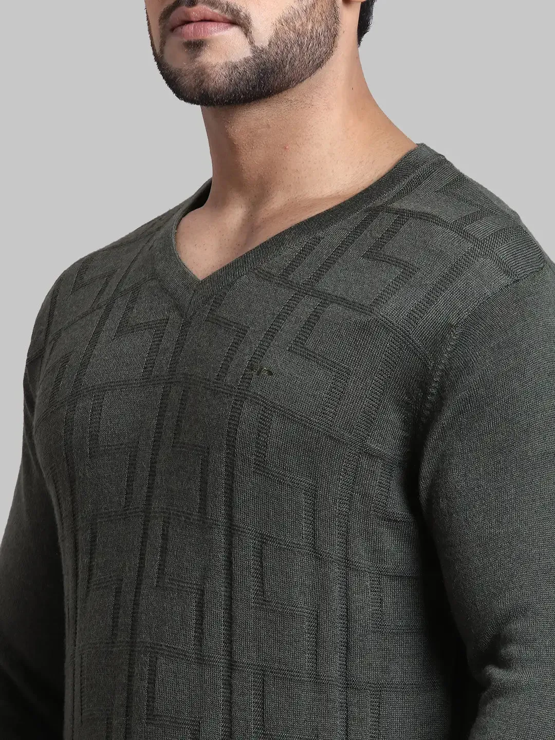 Men Green Tailored Fit Jacquard Acrylic Wool Blend Full Sleeve V Neck Collar Sweaters