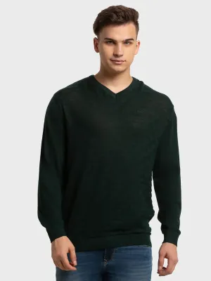 Men Green Tailored Fit Structure Merino Wool Acrylic Blend Full Sleeve V Neck Collar Sweaters