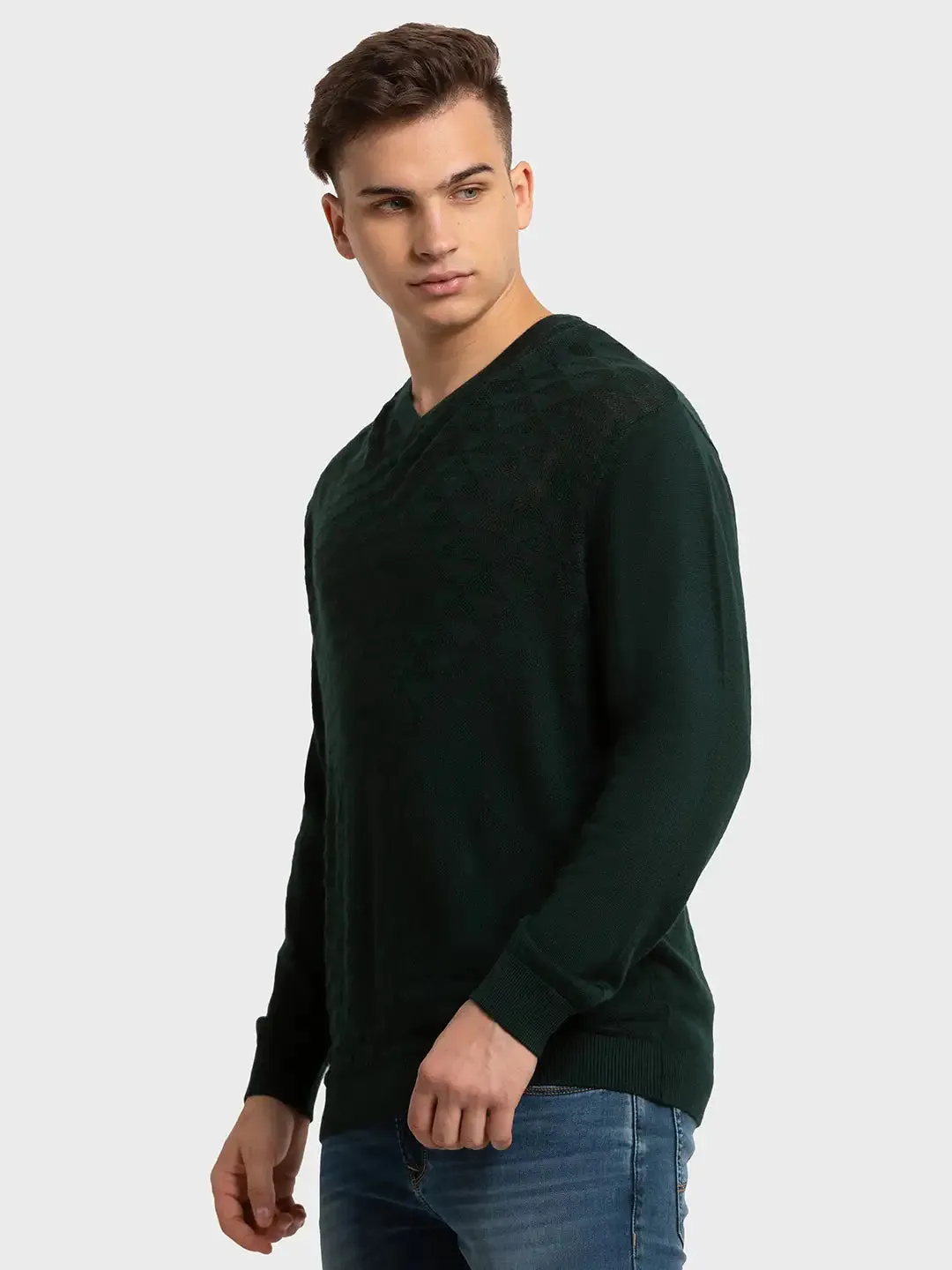 Men Green Tailored Fit Structure Merino Wool Acrylic Blend Full Sleeve V Neck Collar Sweaters