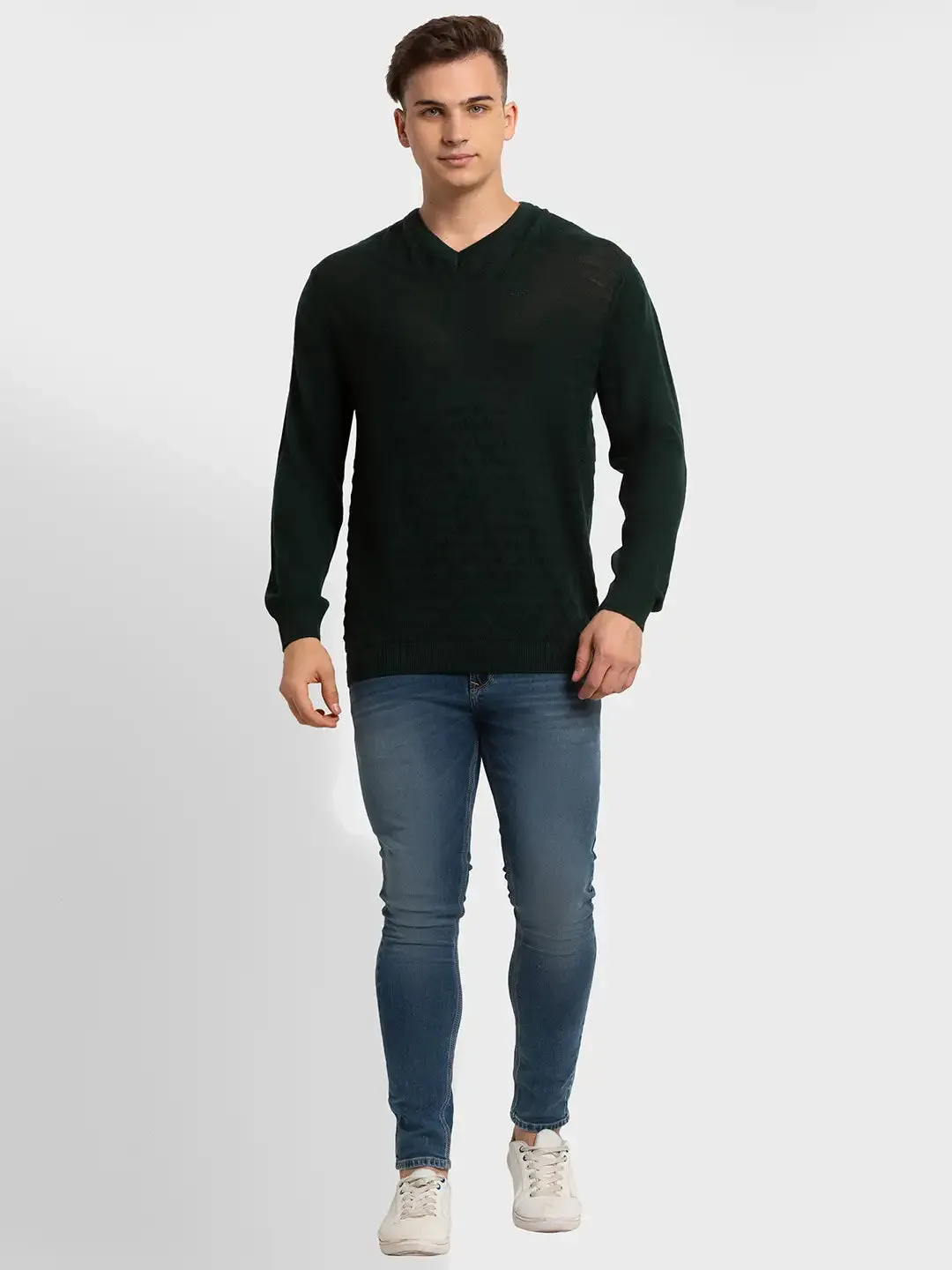 Men Green Tailored Fit Structure Merino Wool Acrylic Blend Full Sleeve V Neck Collar Sweaters