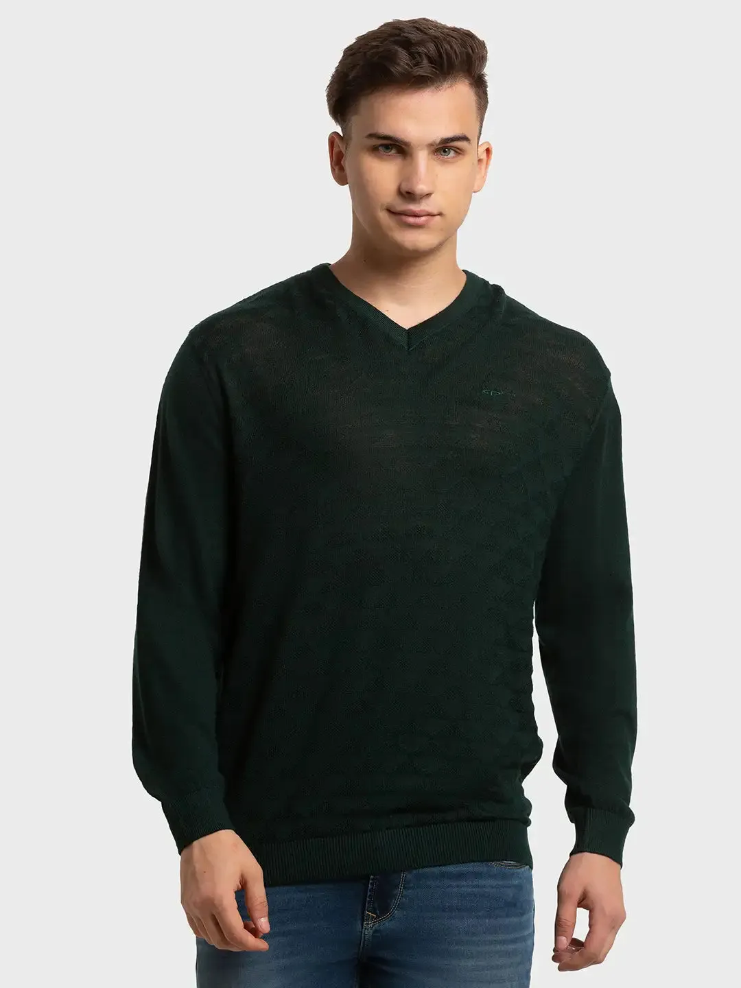 Men Green Tailored Fit Structure Merino Wool Acrylic Blend Full Sleeve V Neck Collar Sweaters