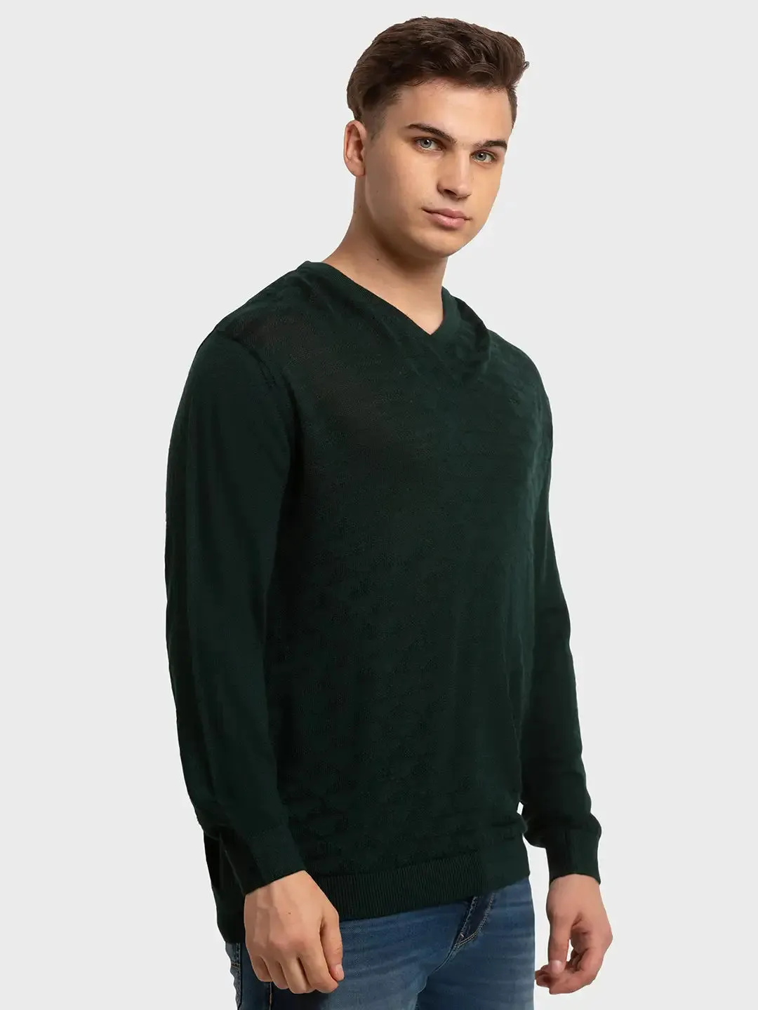 Men Green Tailored Fit Structure Merino Wool Acrylic Blend Full Sleeve V Neck Collar Sweaters