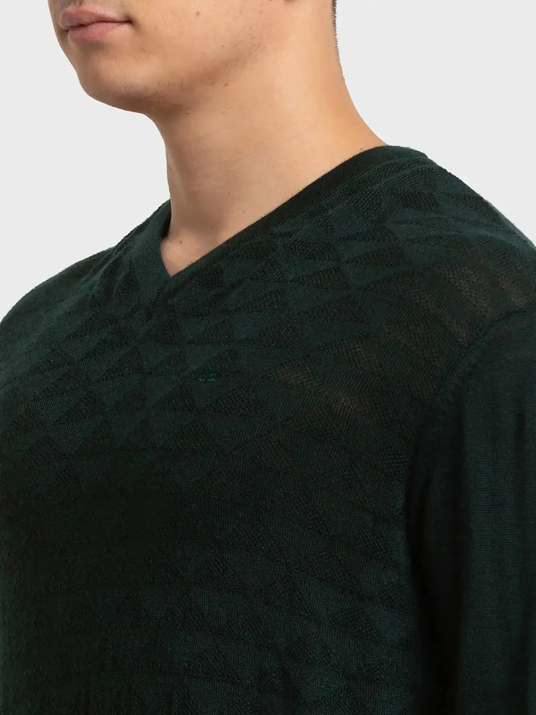 Men Green Tailored Fit Structure Merino Wool Acrylic Blend Full Sleeve V Neck Collar Sweaters