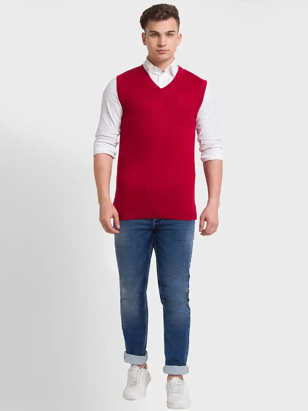 Men Red Classic Fit Solid Merino Wool Acrylic Blend Sleeveless V Neck Collar Sweaters