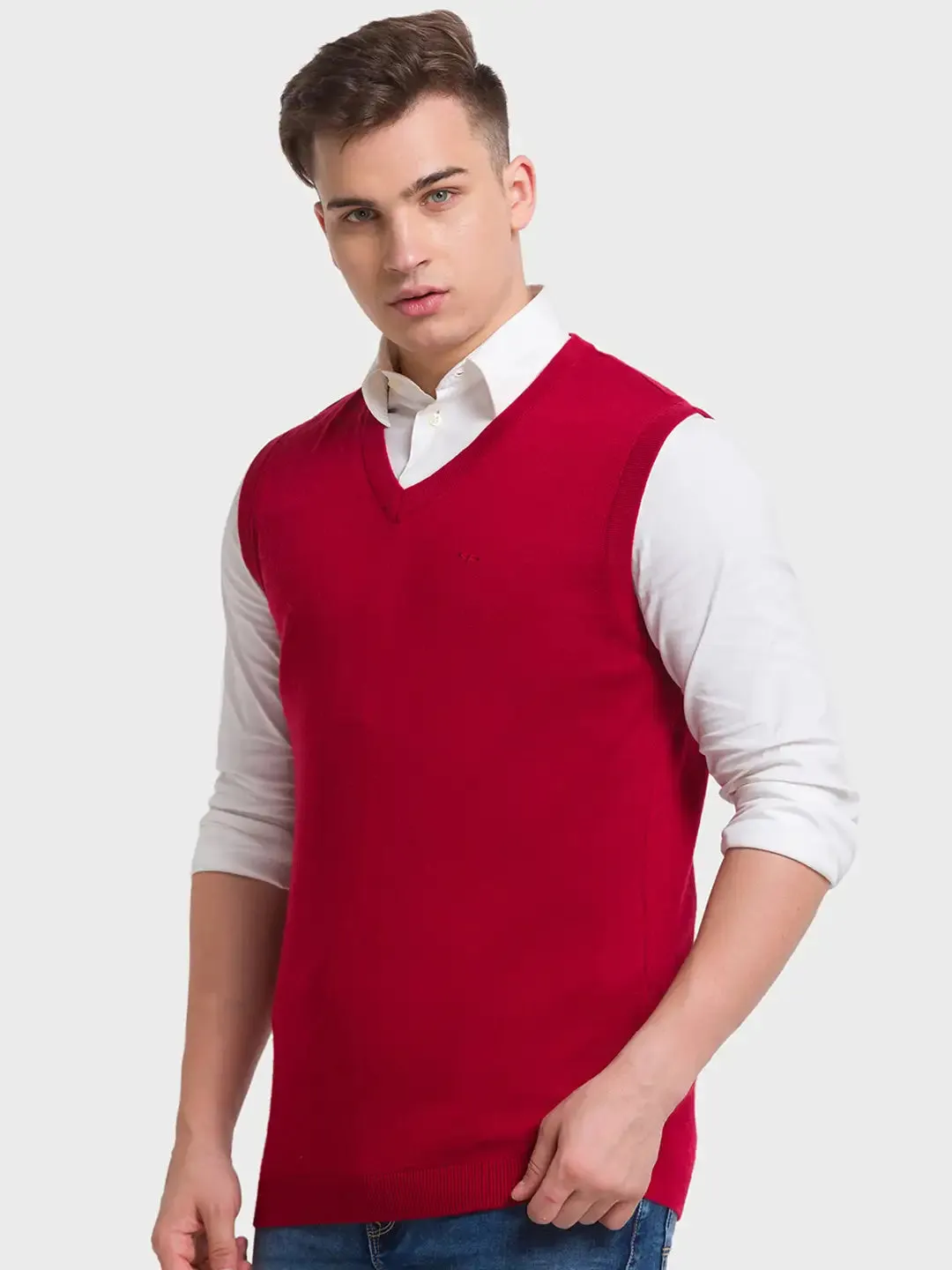 Men Red Classic Fit Solid Merino Wool Acrylic Blend Sleeveless V Neck Collar Sweaters