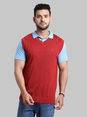 Men Red Classic Fit Solid Wool Blend Sleeveless V Neck Collar Sweaters